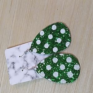 1.5 x 3 inches punched fake leather holiday earrings green glitter w white dots